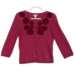 Garnet Hill Sz S‎ Dark Pink Floral Embroidered 3/4 Sleeve button front cardigan